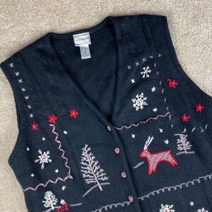 Napa Valley Black Holiday Reindeer Tree Snowflake Knit Vest Women's 1X Christmas